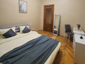 een slaapkamer met een groot bed, een bureau en een stoel bij В центрі м.Чернівці 2 кімнатна затишна квартира. in Tsjernivsi