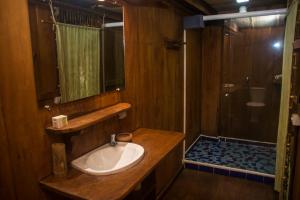 uma casa de banho com um lavatório e um chuveiro em Ciamat Camp em Santo Amaro