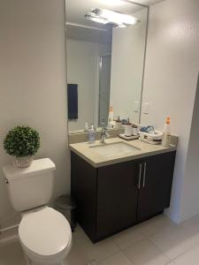 a bathroom with a toilet and a sink with a mirror at Super-Cute 2/2 apartment in Santa Monica with free parking in Los Angeles