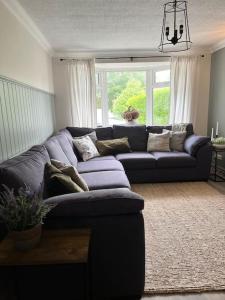 a living room with a blue couch and a window at The Cottage, a perfect getaway! in Southport