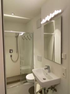 W łazience znajduje się toaleta, umywalka i prysznic. w obiekcie Casa Sciliar Stanza privata gold w mieście Fiè