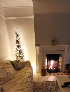 a living room with a christmas tree and a fireplace at Dune Cottage in Caister-on-Sea