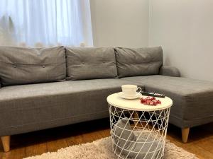 a living room with a couch and a coffee table at Apartament Tuwima 6 in Ełk