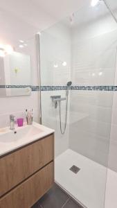 ein Bad mit einer Dusche und einem Waschbecken in der Unterkunft Le balcon cerdan in Font Romeu Odeillo Via
