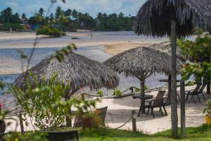 uma praia com cadeiras e guarda-sóis de palha e o oceano em Ciamat Camp em Santo Amaro