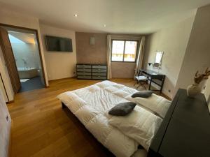 a bedroom with a large bed and a bathroom at Appartement spacieux près des pistes in Le Monêtier-les-Bains