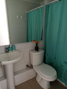 une salle de bain avec toilettes, lavabo et miroir dans l'établissement Departamento para 6 personas, à Iquique
