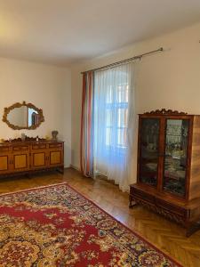 sala de estar con vestidor y ventana grande en Apartament istoric ultracentral - 70 mp - with Parking, en Sibiu