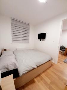 Schlafzimmer mit einem Bett und einem Flachbild-TV in der Unterkunft Apartman Winter magic Snježna dolina in Jahorina