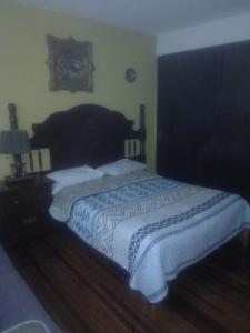 1 dormitorio con 1 cama grande y suelo de madera en Habitación Polanco (solo hombres), en Ciudad de México