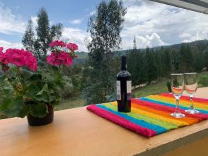 蒂瓦索薩的住宿－Corazón de la Montaña，桌子上放有一瓶葡萄酒和两杯酒