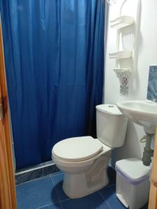 a bathroom with a toilet and a blue shower curtain at Posada San Nicolas in San Andrés