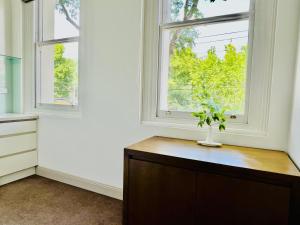 Una habitación con dos ventanas y una mesa con una planta. en Clarendon Hotel, en Melbourne