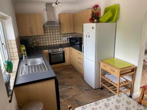 een keuken met een witte koelkast en een wastafel bij Blackthorn Meadow in Pontypool