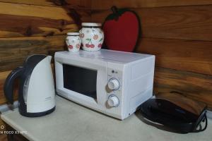 a microwave with two vases on top of it at Brvnara AnaMarija in Manastir