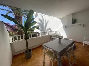 a dining room with a table and a palm tree at Teguisol 258, Apt. with terrace, near the beach in Costa Teguise