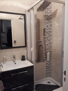 a bathroom with a shower with a sink and a mirror at Charmant Studio in Avon