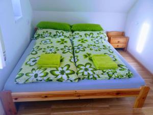 ロキトニツェ・ナト・イゼロウにあるApartmán Karolínka jihのベッド(緑と白のシーツ、緑の枕付)
