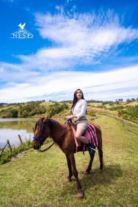 a woman is riding a horse in a field at Nest Resort in Pagudpud