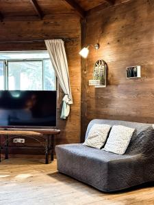 sala de estar con TV de pantalla plana y sofá en Crimson View en Moshav Ramot