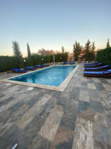 索維拉的住宿－Riad les trois merveilles，庭院内一个带蓝色躺椅的游泳池