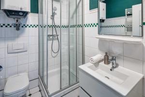 a bathroom with a shower and a sink and a toilet at cozy Apartment -Traminer- mit MagentaPlus in Meißen