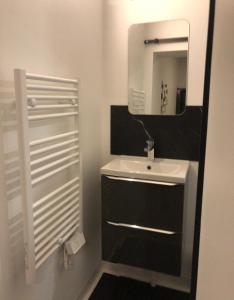 La salle de bains est pourvue d'un lavabo blanc et d'un miroir. dans l'établissement L'atelier des Fédérés, à Amiens