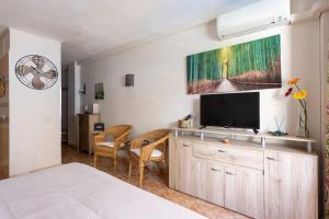 een slaapkamer met een bed en een flatscreen-tv bij Cómodo estudio Playa Jardin in Puerto de la Cruz