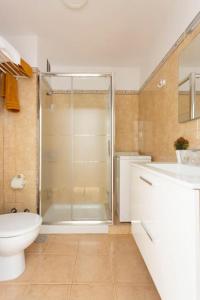 een badkamer met een douche, een toilet en een wastafel bij Cómodo estudio Playa Jardin in Puerto de la Cruz