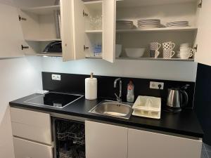 a kitchen with a sink and a counter top at Golte Apartment Tibona in Mozirje