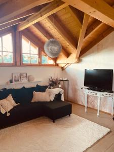 uma sala de estar com um sofá preto e uma televisão em Gemütliche Wohnung mit Ofen und Naturblick em Wildpoldsried
