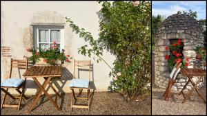 deux photos d'une table et de chaises devant un bâtiment dans l'établissement Les Salamandres, chambres d'hôtes près de Chambord, à Montlivault 12 autres photos