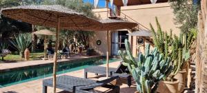 a patio with two chairs and an umbrella next to a pool at Les Trois Paons in Taroudant