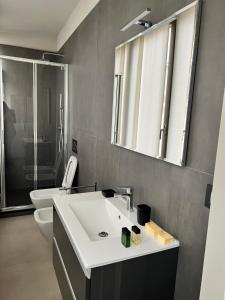 a bathroom with a sink and a toilet and a mirror at V&B Suites and Apartments in Pavia