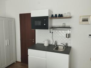 a kitchen with a sink and a microwave at Börzsöny Vendégház in Zebegény