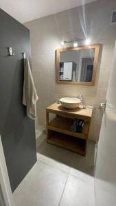 La salle de bains est pourvue d'un lavabo et d'un miroir. dans l'établissement L'Hermitage - Appartement T3 en bord de plage, à Filaos