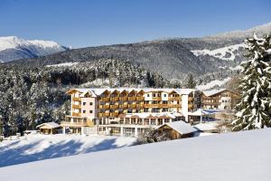 un grand hôtel dans la neige dans les montagnes dans l'établissement Hotel Chalet Tianes - Alpine Relax, à Castelrotto