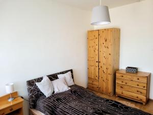 1 dormitorio con 1 cama y armario de madera en Sylvis Place, en Gödöllő