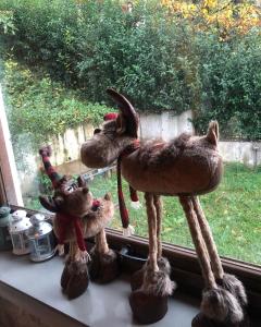 eine Gruppe ausgestopfter Tiere, die auf einem Fensterbrett sitzen in der Unterkunft Pefkofyto Mountain Retreat in Pefkófyton