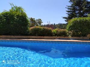 a large blue swimming pool with trees in the background at Chalet entre parques naturales in Vallgorguina