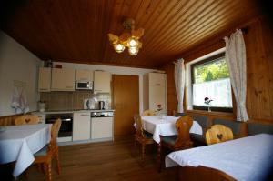 uma cozinha e sala de jantar com duas mesas e uma janela em Haus Brigitte Rettensteiner em Schladming