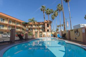 einen Pool vor einem Hotel mit Palmen in der Unterkunft Super 8 by Wyndham Anaheim/Disneyland Drive in Anaheim