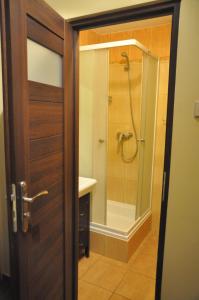 baño con ducha y puerta de madera en Apartament Joanna, en Świnoujście