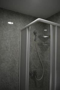 a bathroom with a shower with a glass door at Skopje Rekord Ivan Apartment in Skopje
