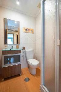ein Badezimmer mit einem WC, einem Waschbecken und einem Spiegel in der Unterkunft Casina de Dante in San Juan de la Arena