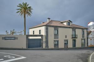 a white building with a palm tree in front of a street at Volcanic Charming House in Ribeira Grande