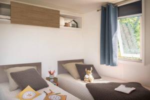 een kamer met twee bedden en een kat op het bed bij Campeggio del Forte in Marina di Bibbona