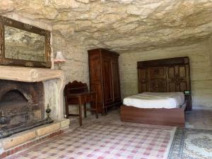 um quarto com uma cama e uma lareira em Songbird Sanctuary em Civray-de-Touraine
