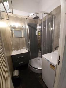 uma casa de banho com um chuveiro, um lavatório e uma banheira em Bellyenmer Gruissan em Gruissan