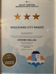 Certifikát, ocenenie alebo iný dokument vystavený v ubytovaní Boulevard City Panzió - self check-in